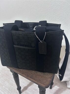 Coach Black Signature Canvas Tote with Dog Tag